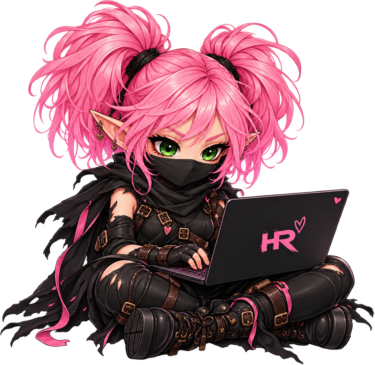 Happy Rogue character working on a laptop